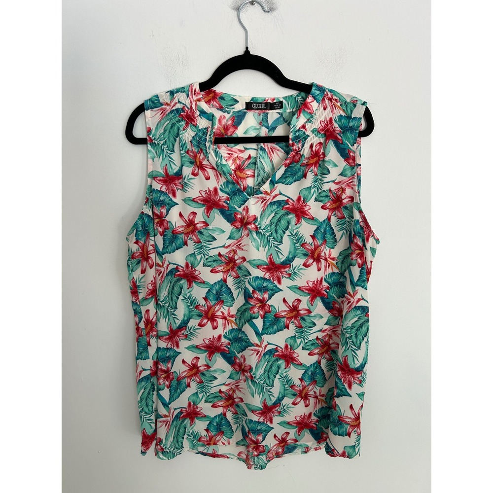 Cure‎ Tropical Floral Sleeveless Blouse Red Green White XL Feminine Summer Top